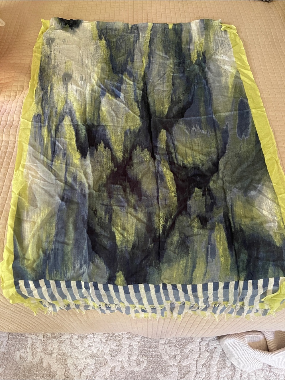 Kinross Abstract Watercolor Scarf in Yellow, Navy & Black